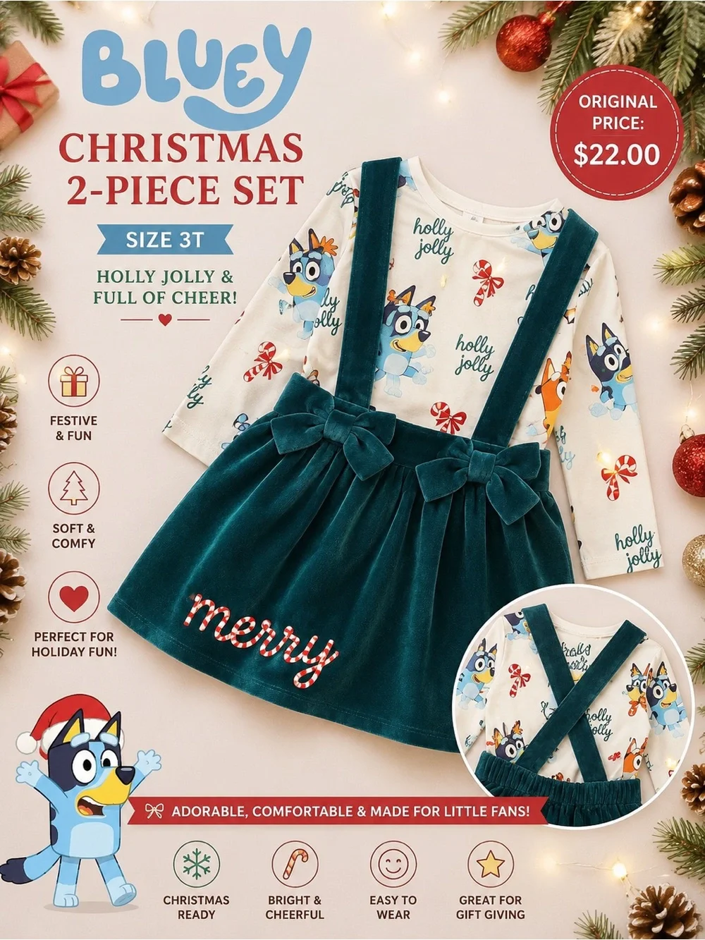 Bluey Velvet Suspender Dress Set with Holiday Print Top - Size 3T